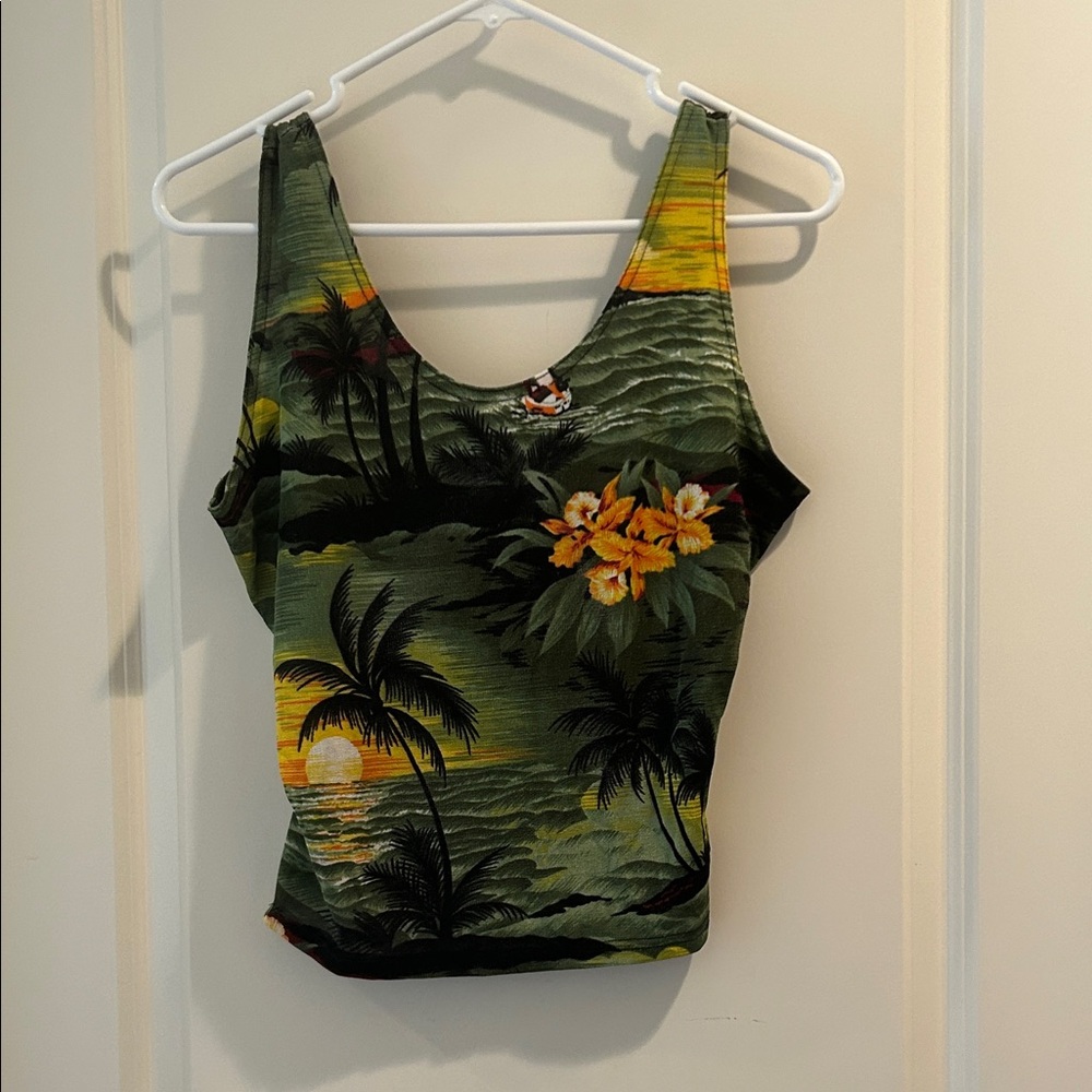 Looki Vintage Tropical Hawaiian Pattern Scoop Neck stretchy TankTop semiSheer 2X